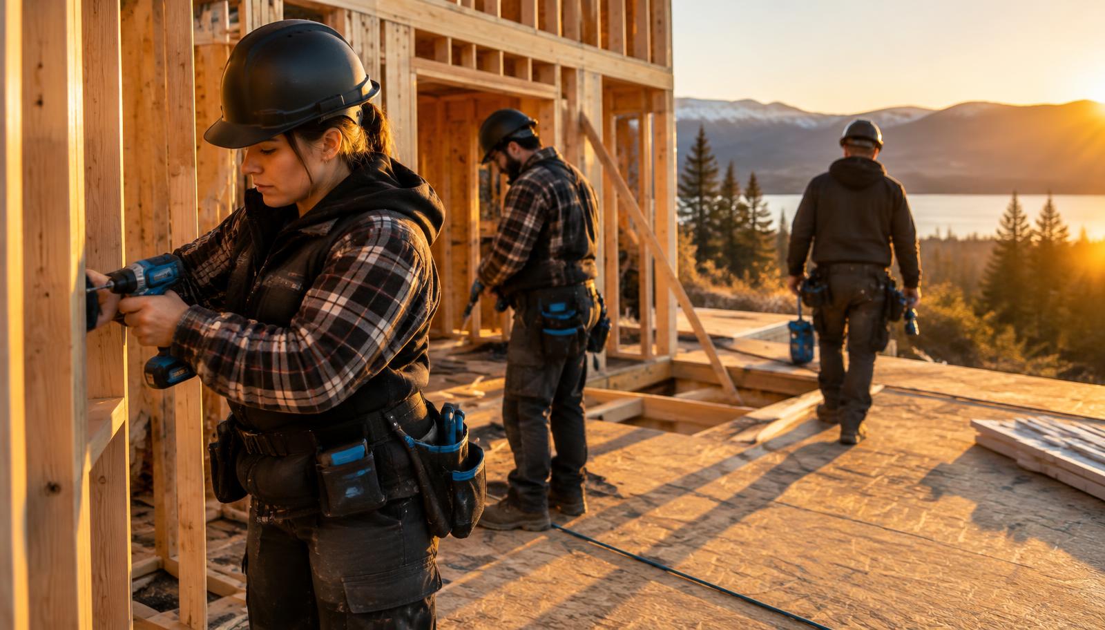 Construction crew building a wood-framed house at sunset
