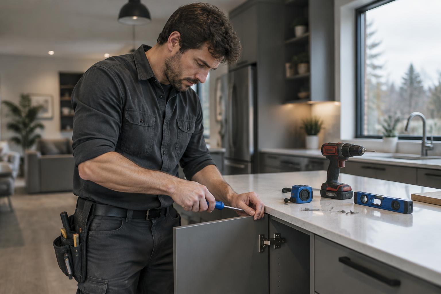 Tradesperson rolling open a tool roll of hand tools on a jobsite bench