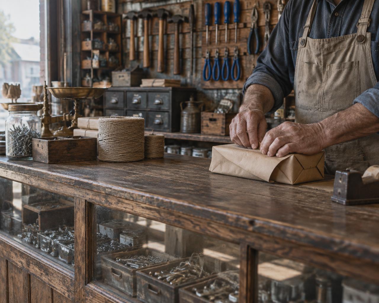 Shopkeeper wrapping a purchase at a vintage hardware counter