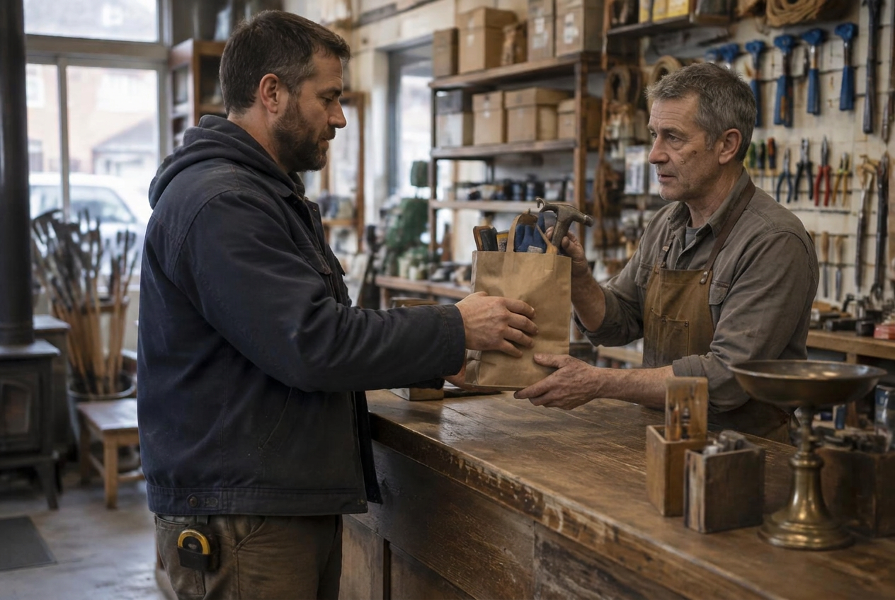 Contractor picking up tools at a hardware store counter