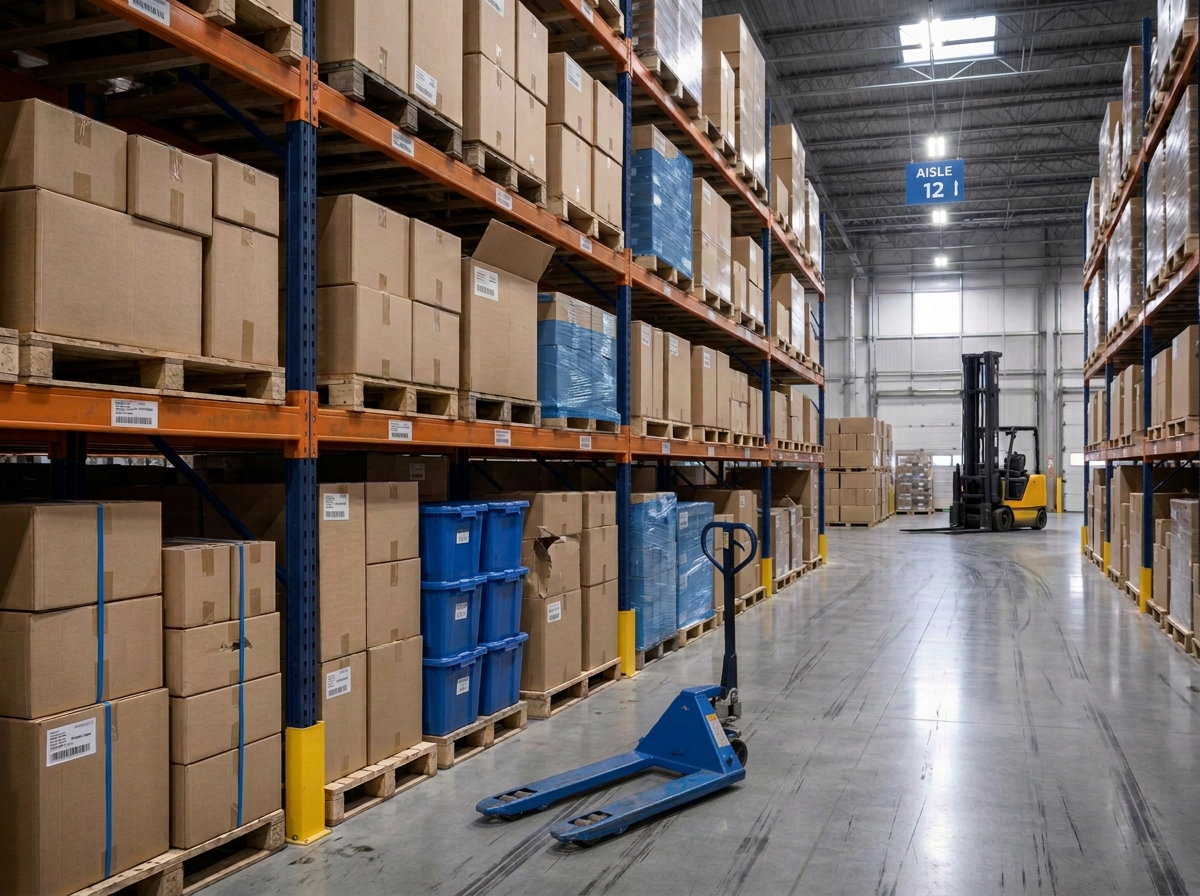 Distribution centre aisle stocked with boxed tools