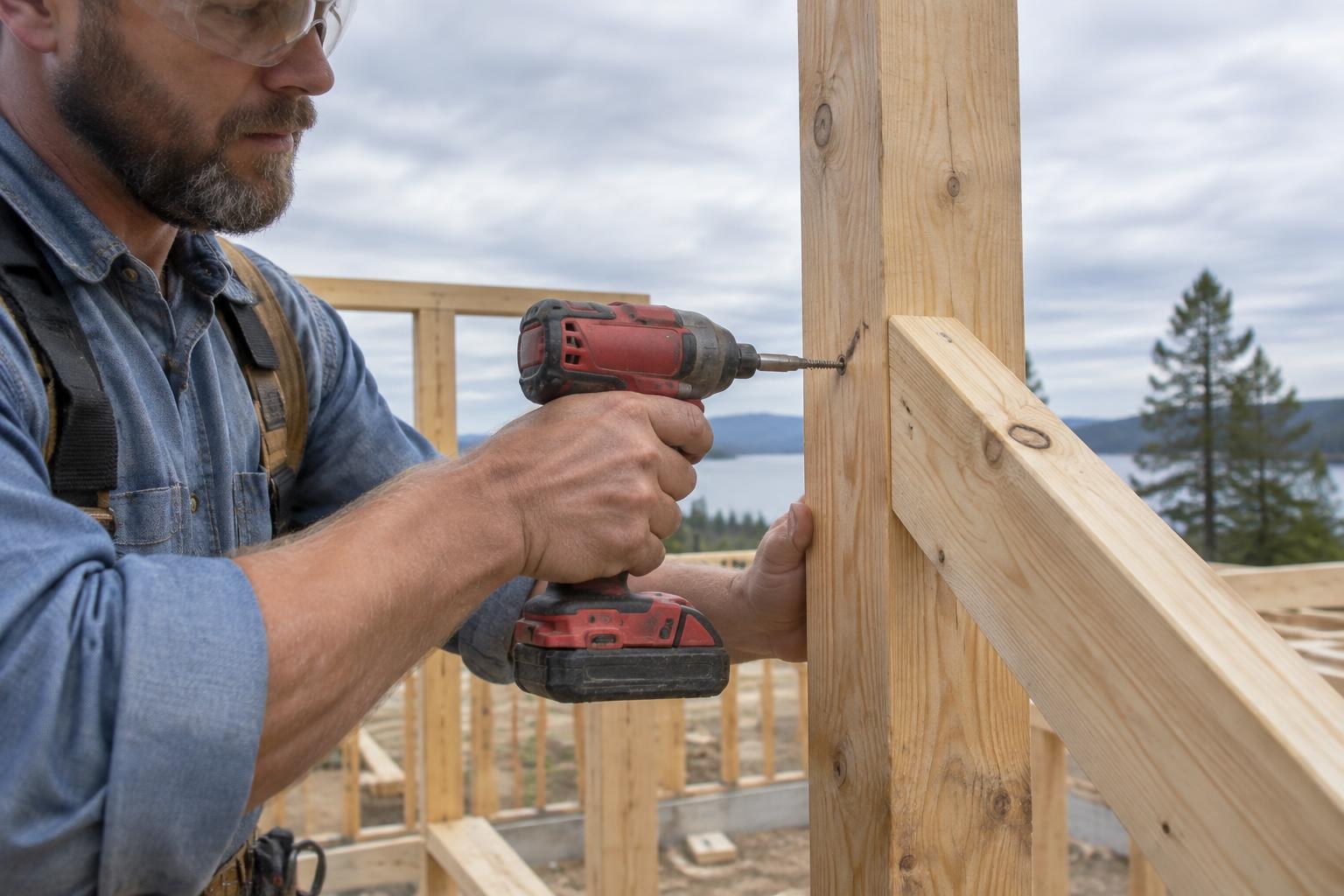 Contractor using a red impact driver to install a screw into construction lumber