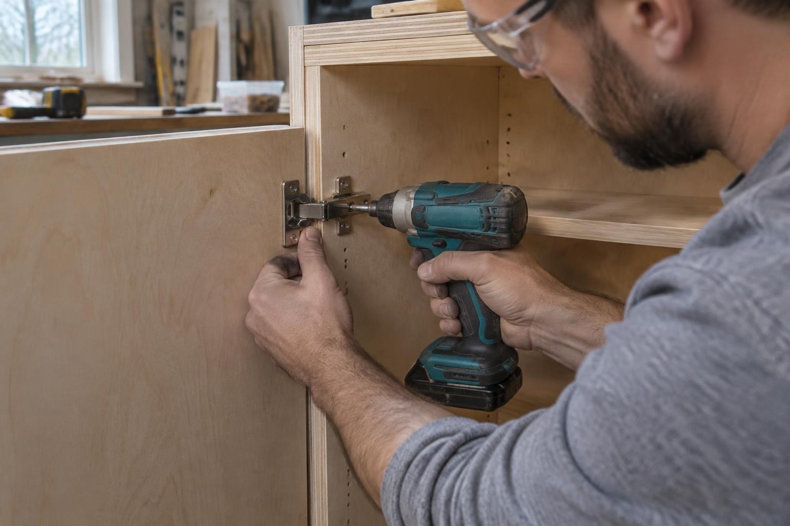 Cabinetmaker fastening hinge hardware with a teal driver and matching bit