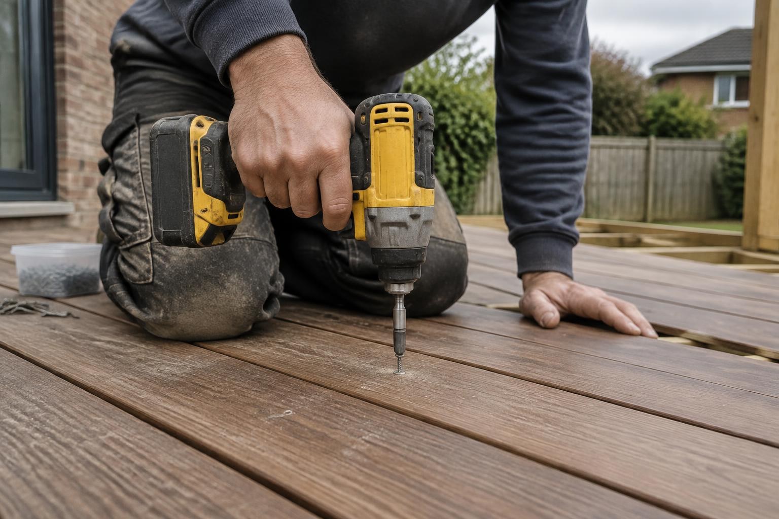 Contractor driving a deck screw with a yellow impact driver