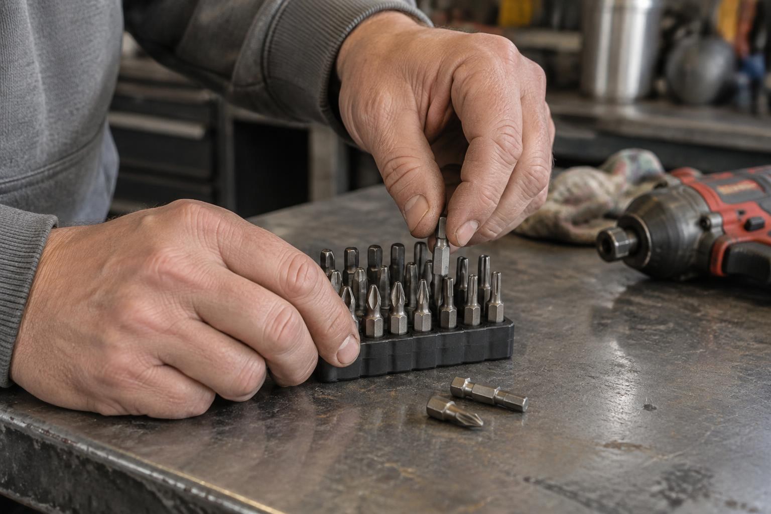 Workshop selection of screwdriver bits in different lengths beside a red impact driver