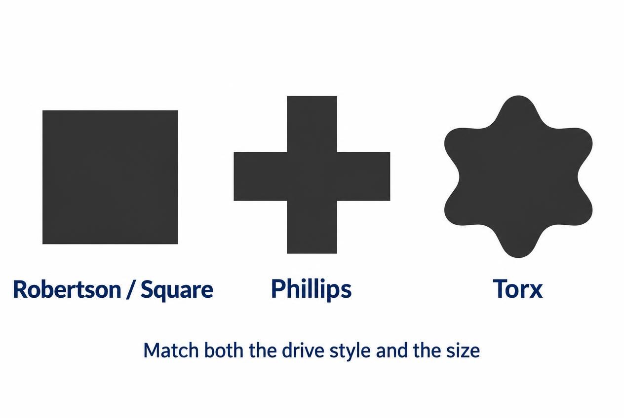 Simplified end-on drive profiles: square Robertson, cross-shaped Phillips and six-lobed Torx; not to scale