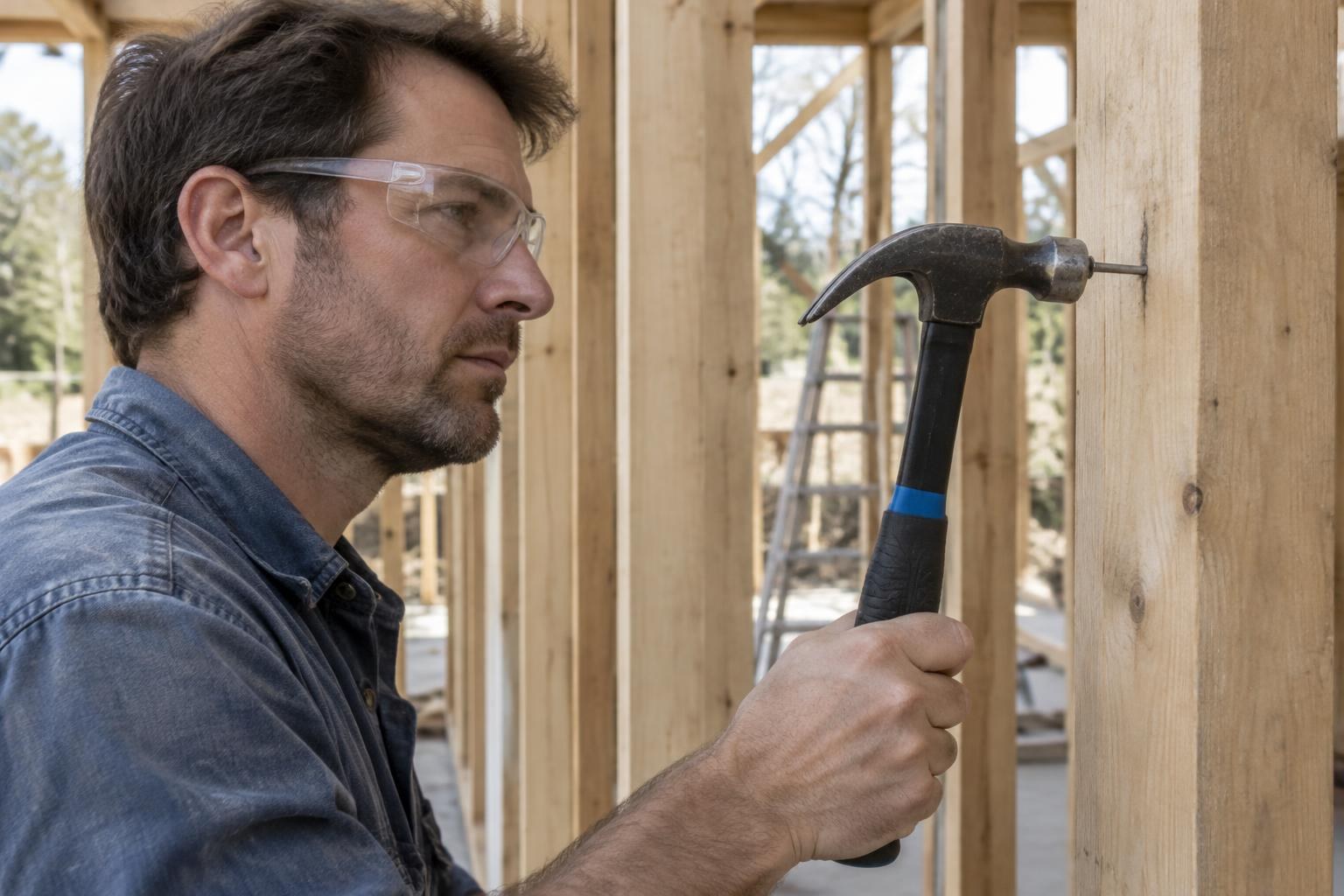 Carpenter using a blue-trim framing hammer to drive a nail into residential timber framing
