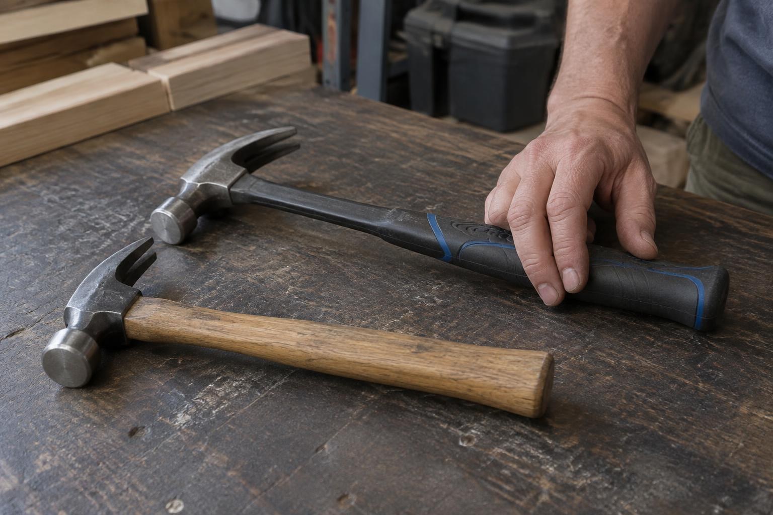 Curved-claw wood-handle hammer compared with a longer straight-claw framing hammer