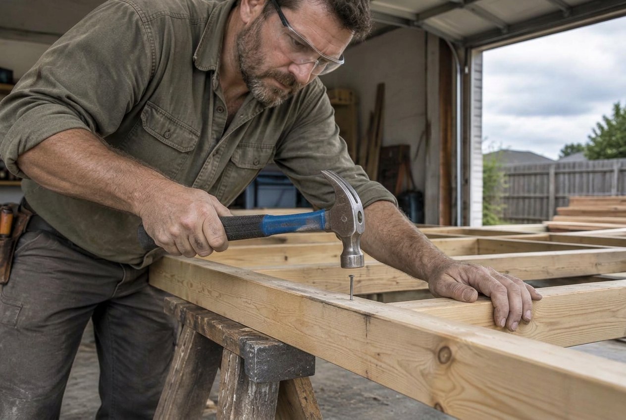 Carpenter driving nails into a supported timber wall plate