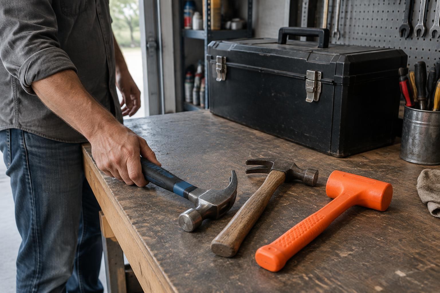 Tradesperson selecting claw and framing hammers beside an all-orange dead blow hammer