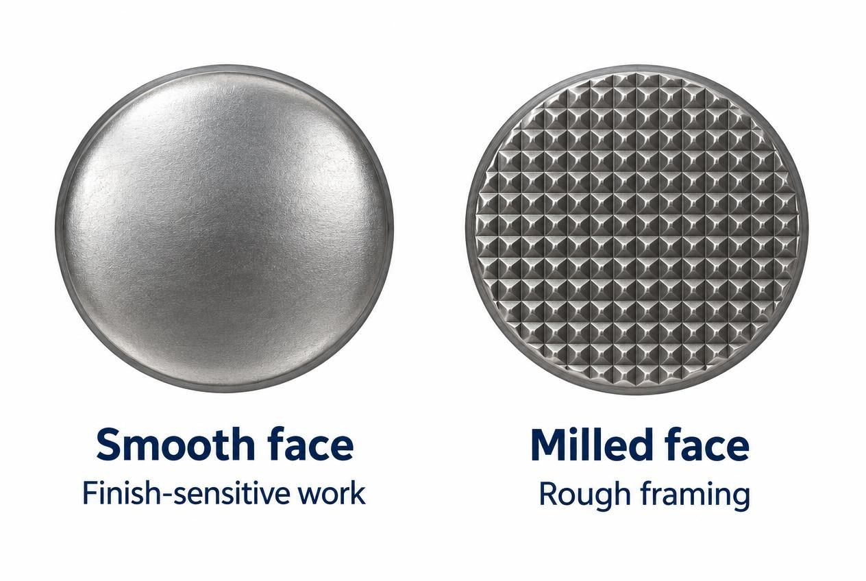 Illustration comparing a smooth circular hammer face with a textured milled face