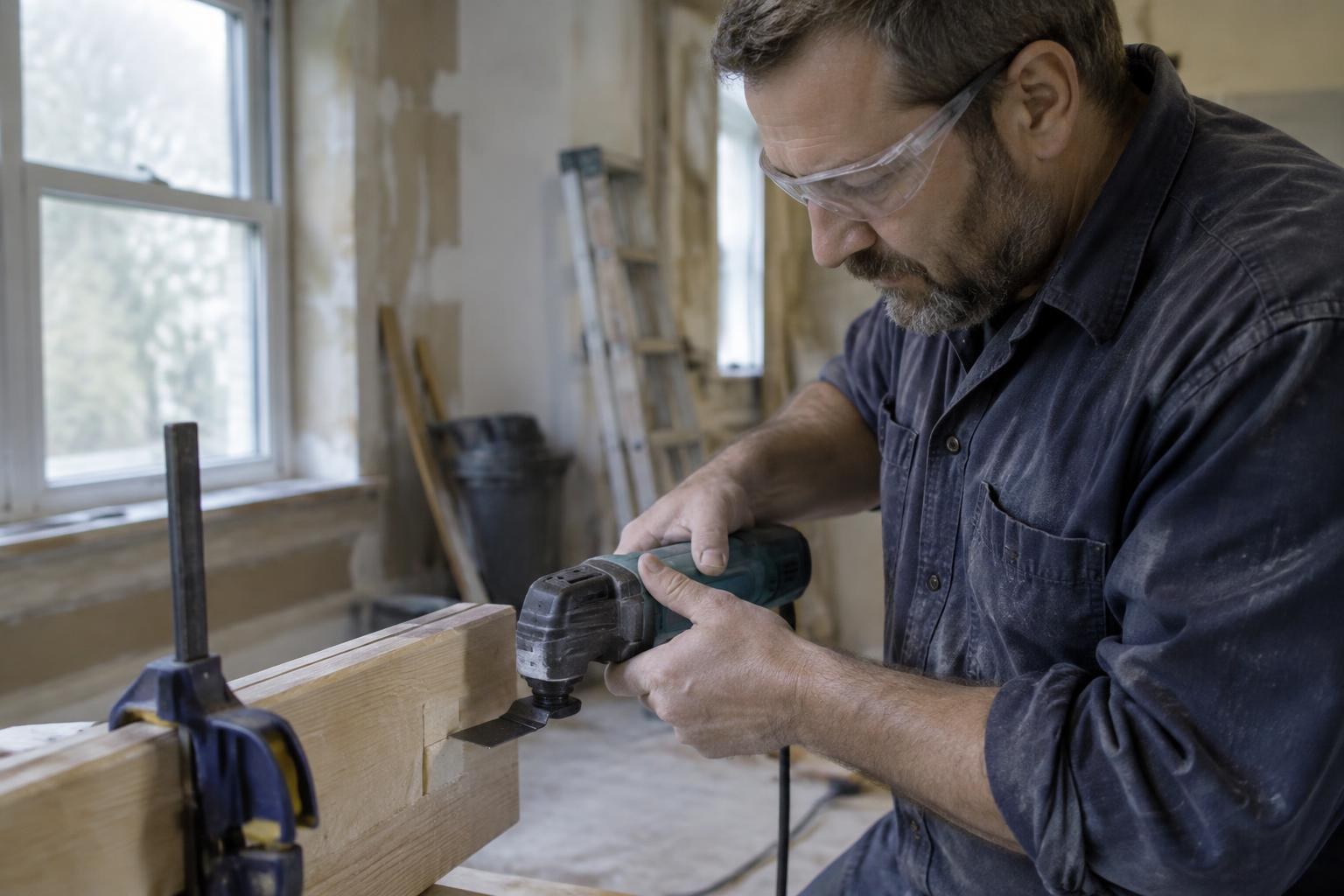 Contractor using a teal oscillating multi-tool to cut supported timber during renovation