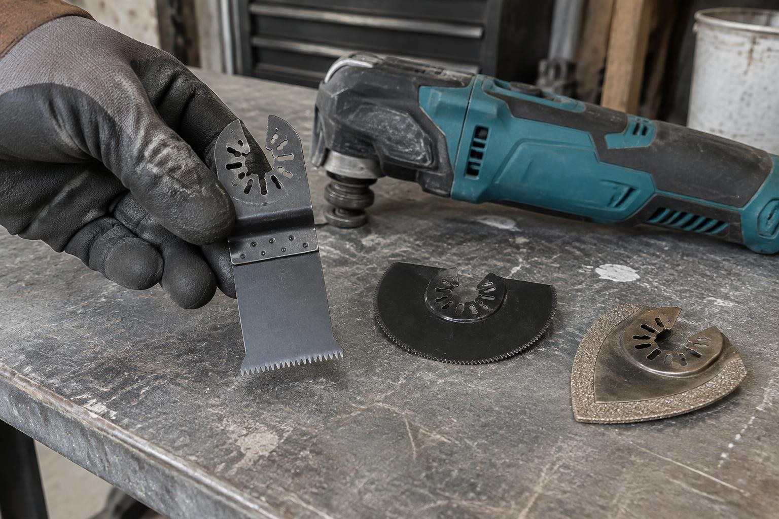 A technician comparing plunge, segmented and abrasive oscillating accessory designs