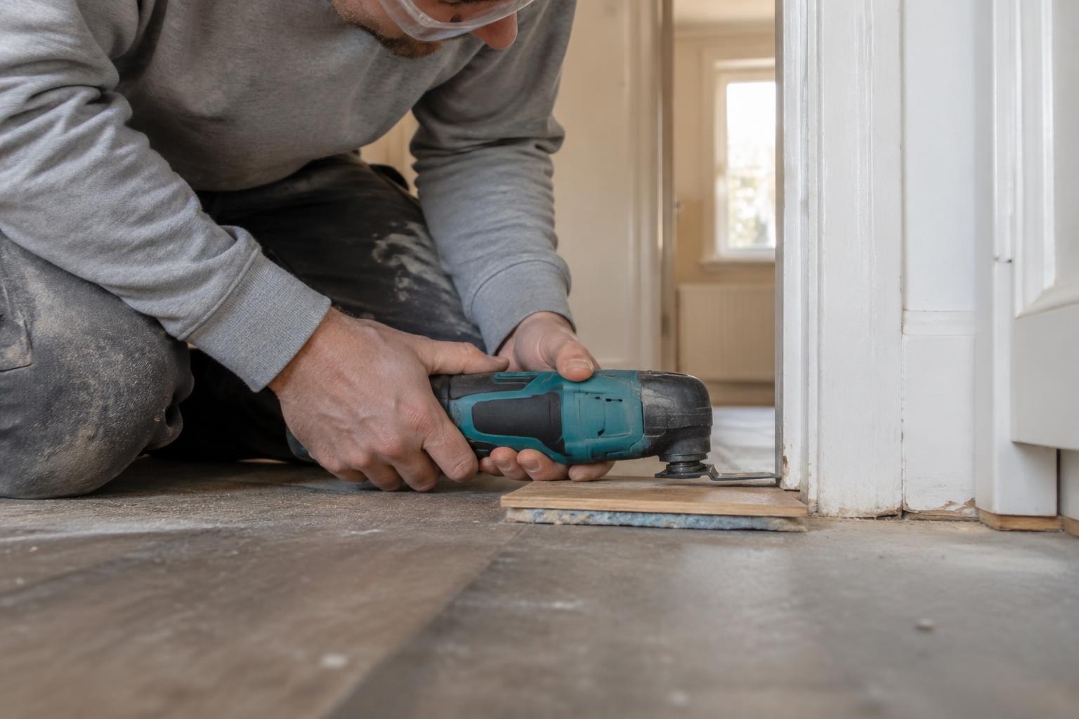 Flooring installer undercutting a wooden door jamb with an oscillating tool