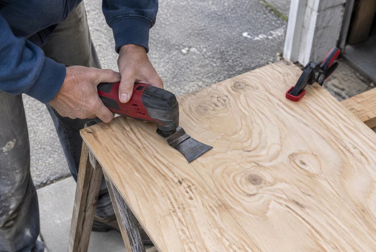 Renovation contractor making a controlled cut in a clamped timber panel