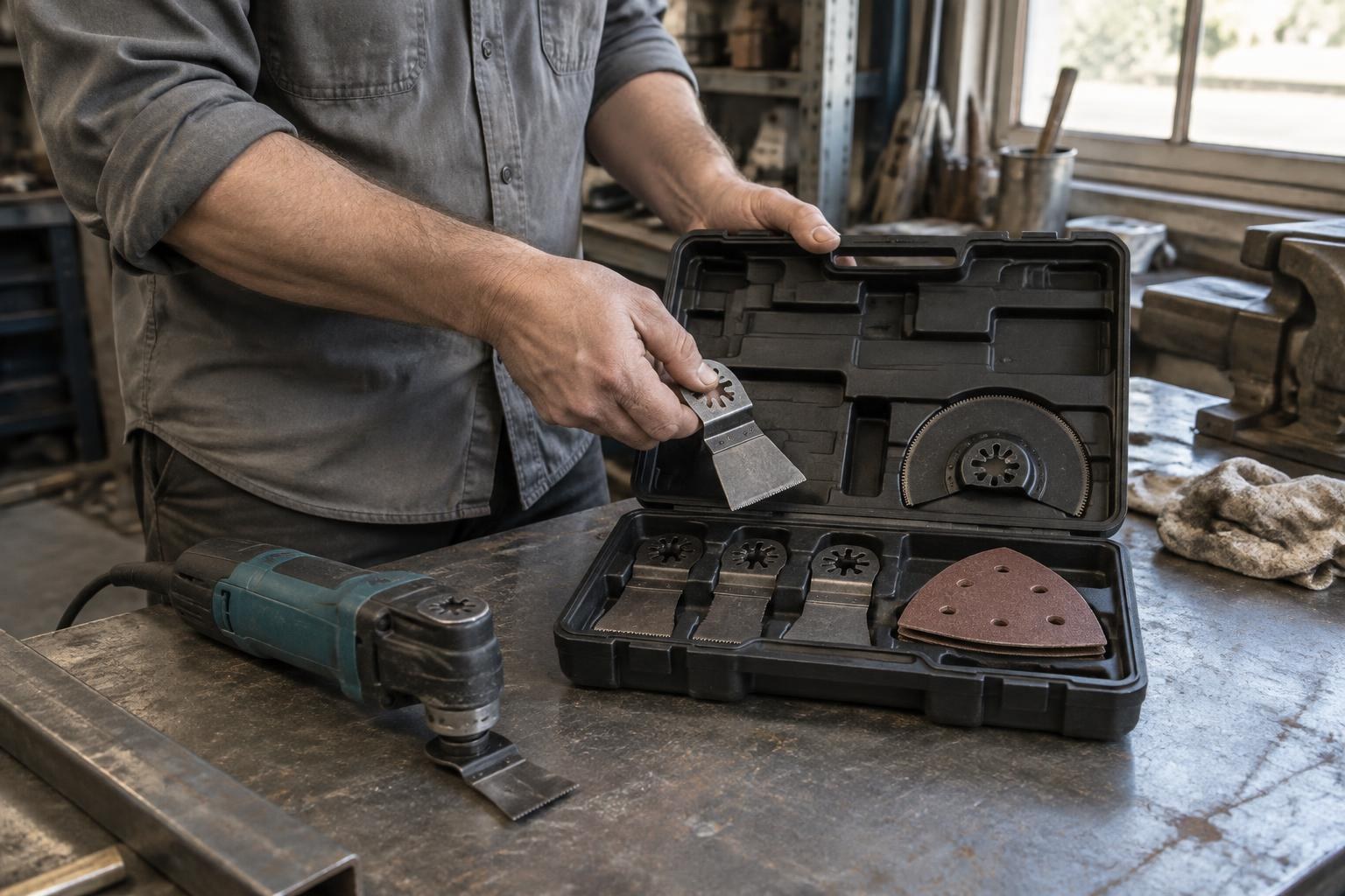 Technician selecting a scraper from an oscillating accessory case in a workshop