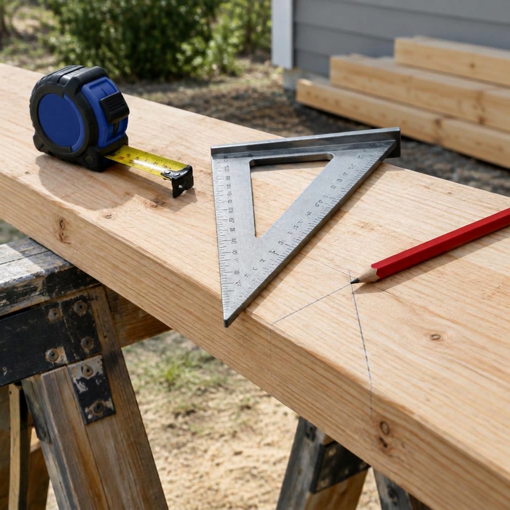 Tape measure, speed square and carpenter pencil on a board