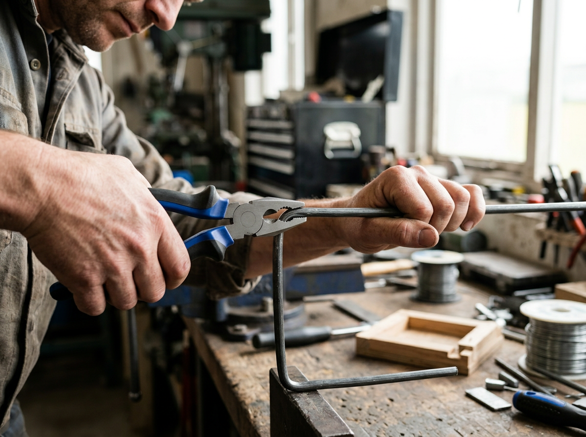 Tradesperson gripping metal wire with combination pliers