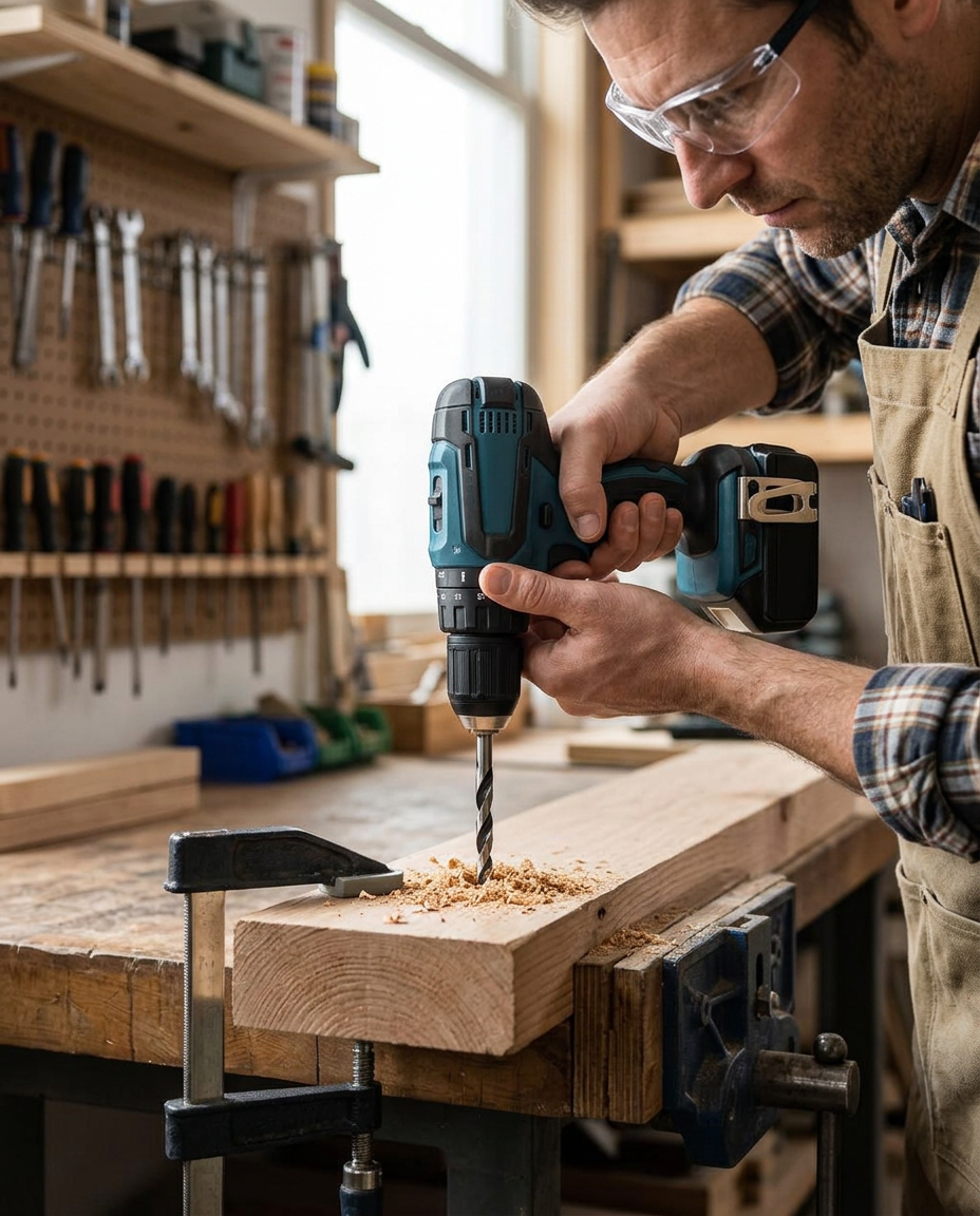 Contractor drilling into clamped timber with a twist drill bit