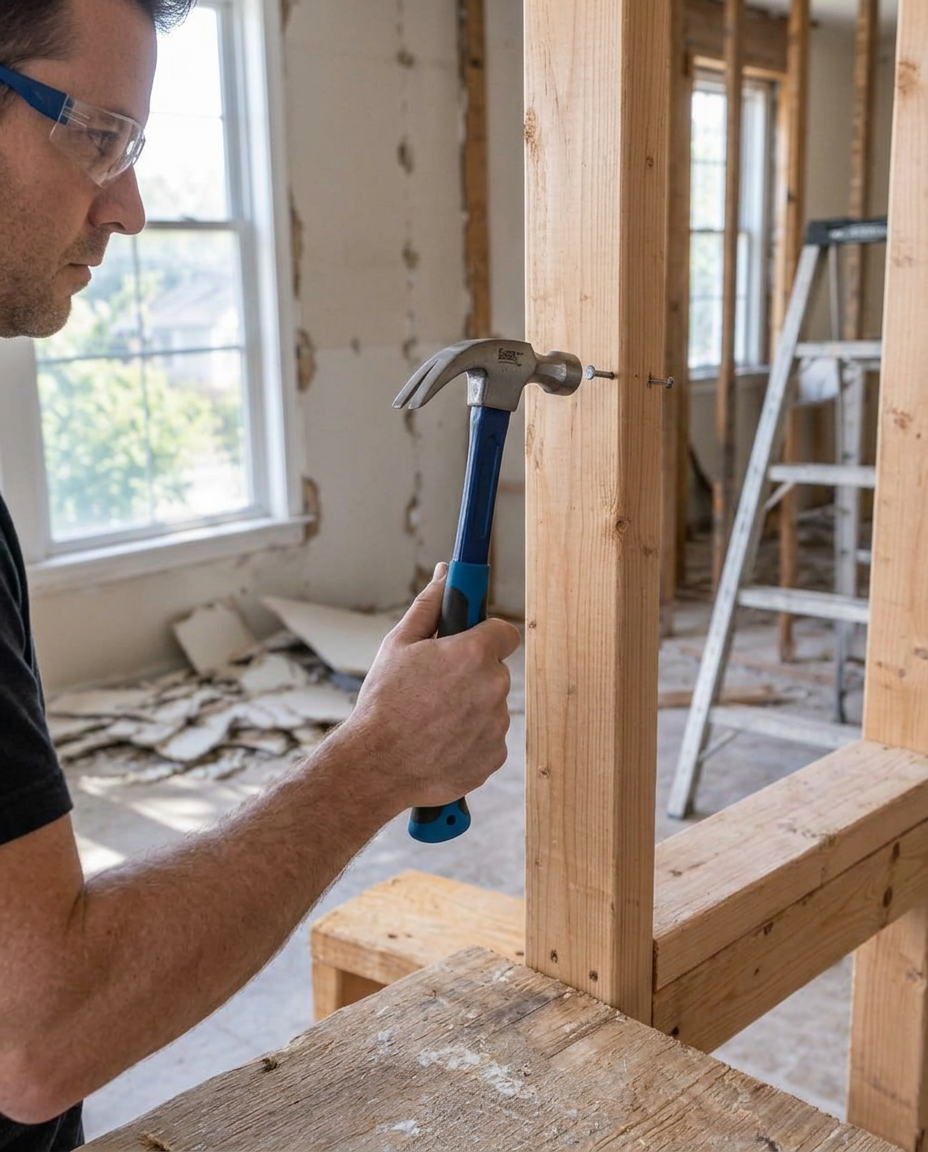 Carpenter driving a nail into a wall stud with a claw hammer
