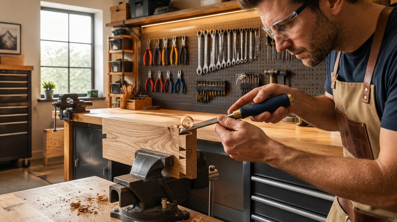 Carpenter using a wood chisel to shape a clamped timber joint