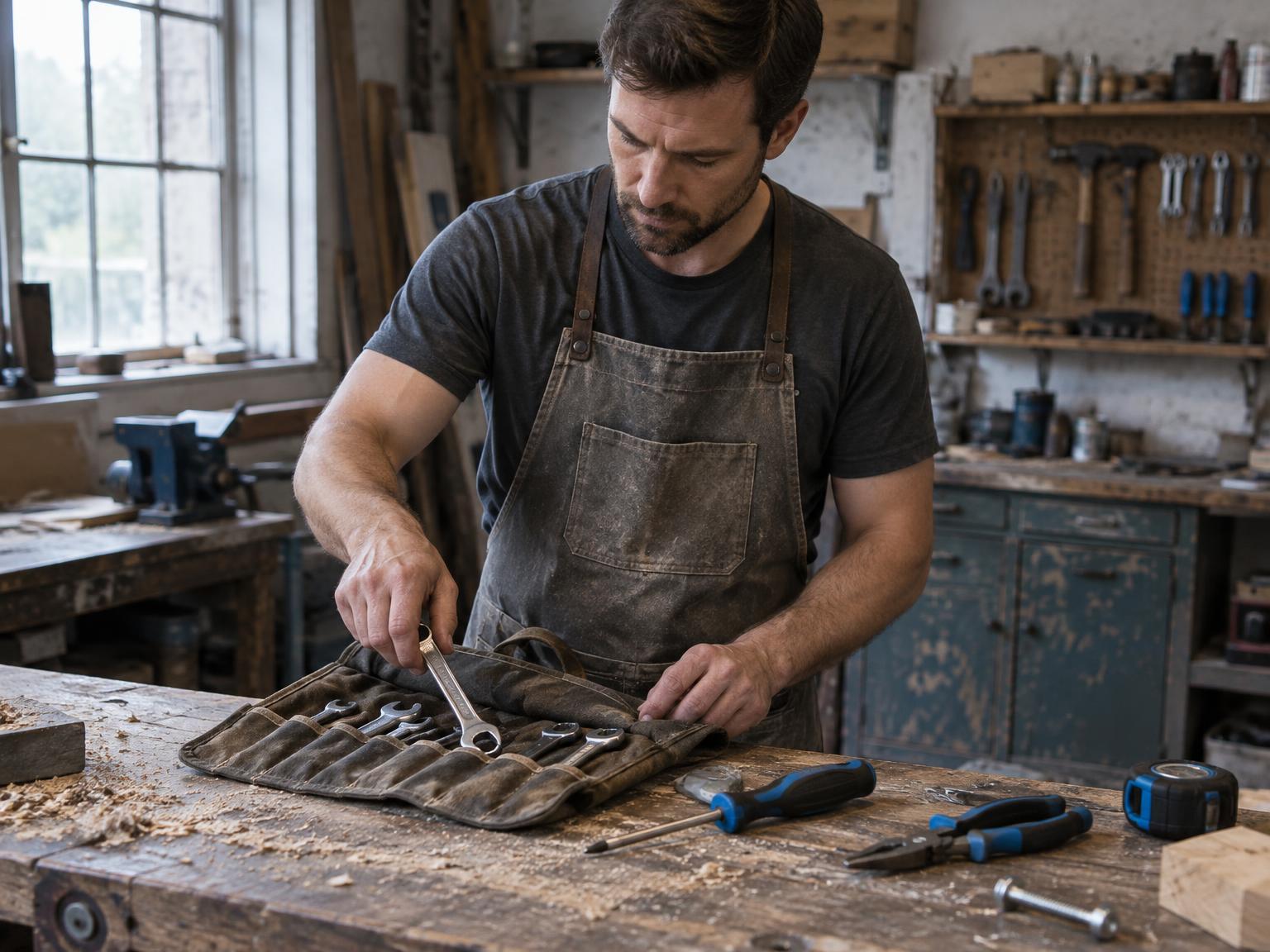 Carpenter rolling combination wrenches into a canvas tool roll on a workshop bench