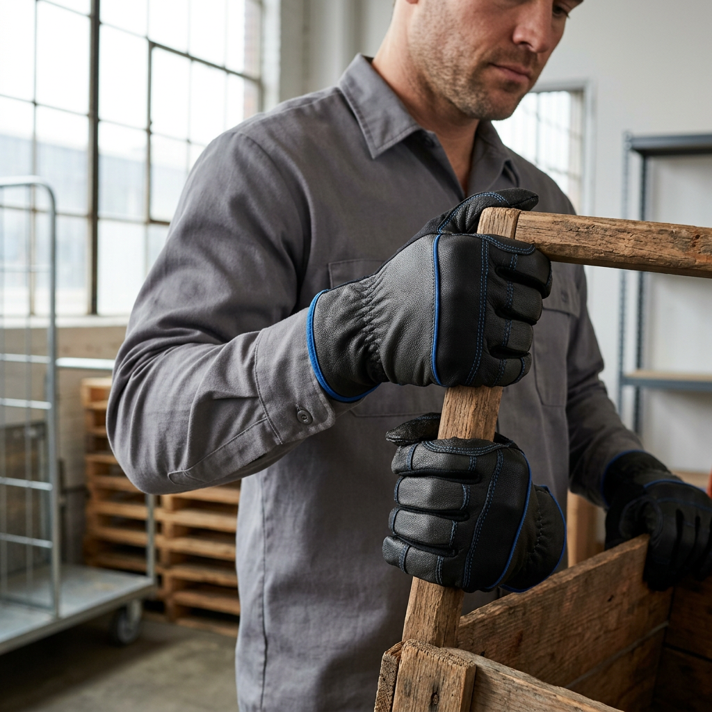 Worker handling a crate in general-purpose work gloves