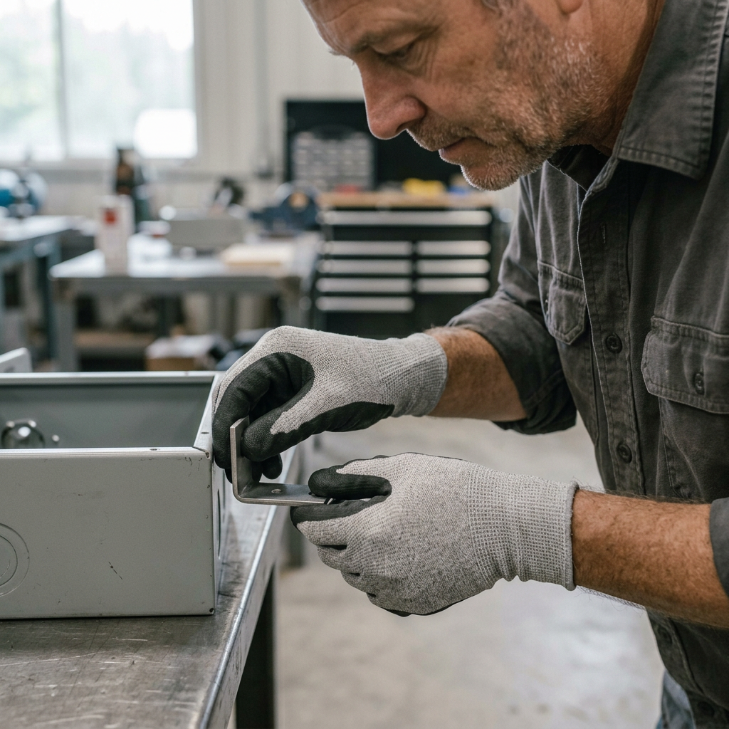 Technician positioning a steel bracket in coated-grip gloves