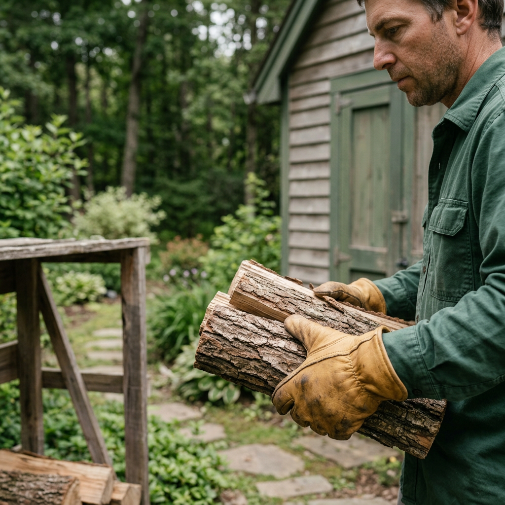 Worker carrying firewood in leather gloves