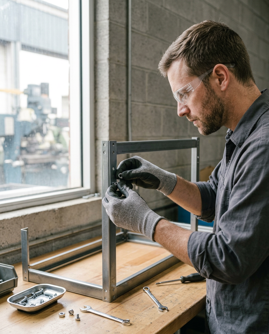 Maintenance technician assembling a shelving bracket in coated gloves
