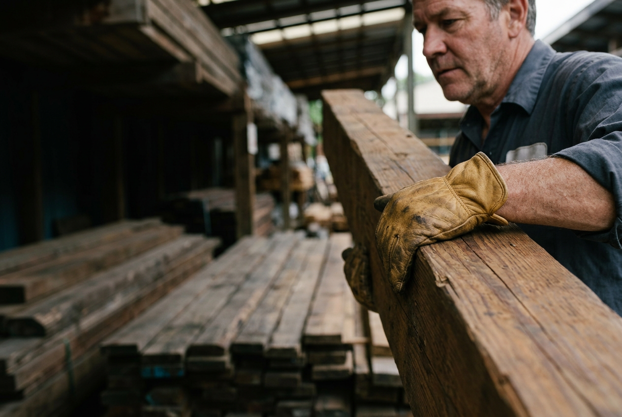 Worker wearing leather gloves while carrying timber at a material yard