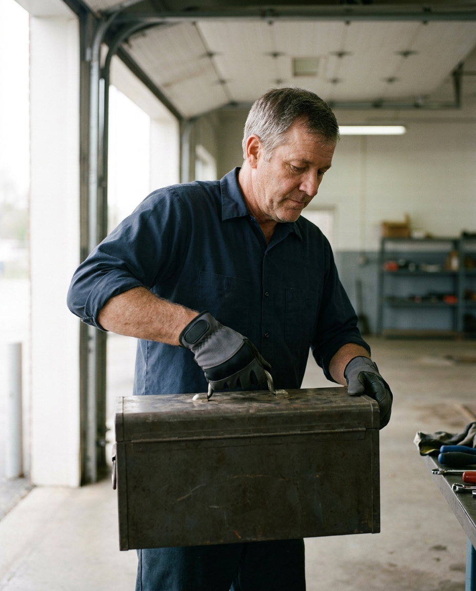Maintenance worker wearing work gloves while lifting a toolbox