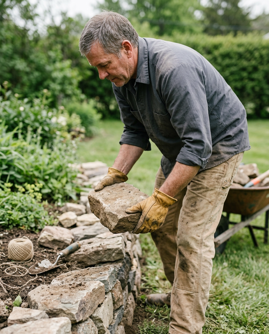 Landscaper wearing leather gloves while placing stone in a garden border