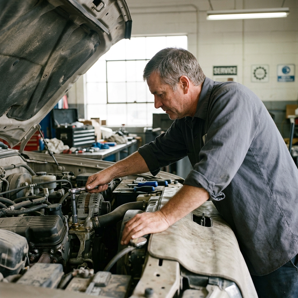 Mechanic tightening an engine bolt with a socket ratchet