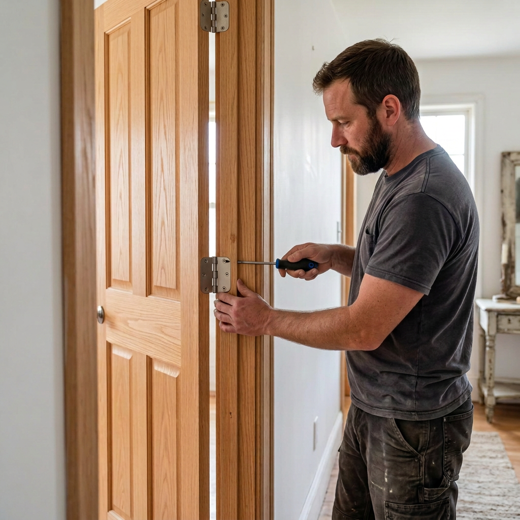 Screwdriver fastening hardware on a wooden door