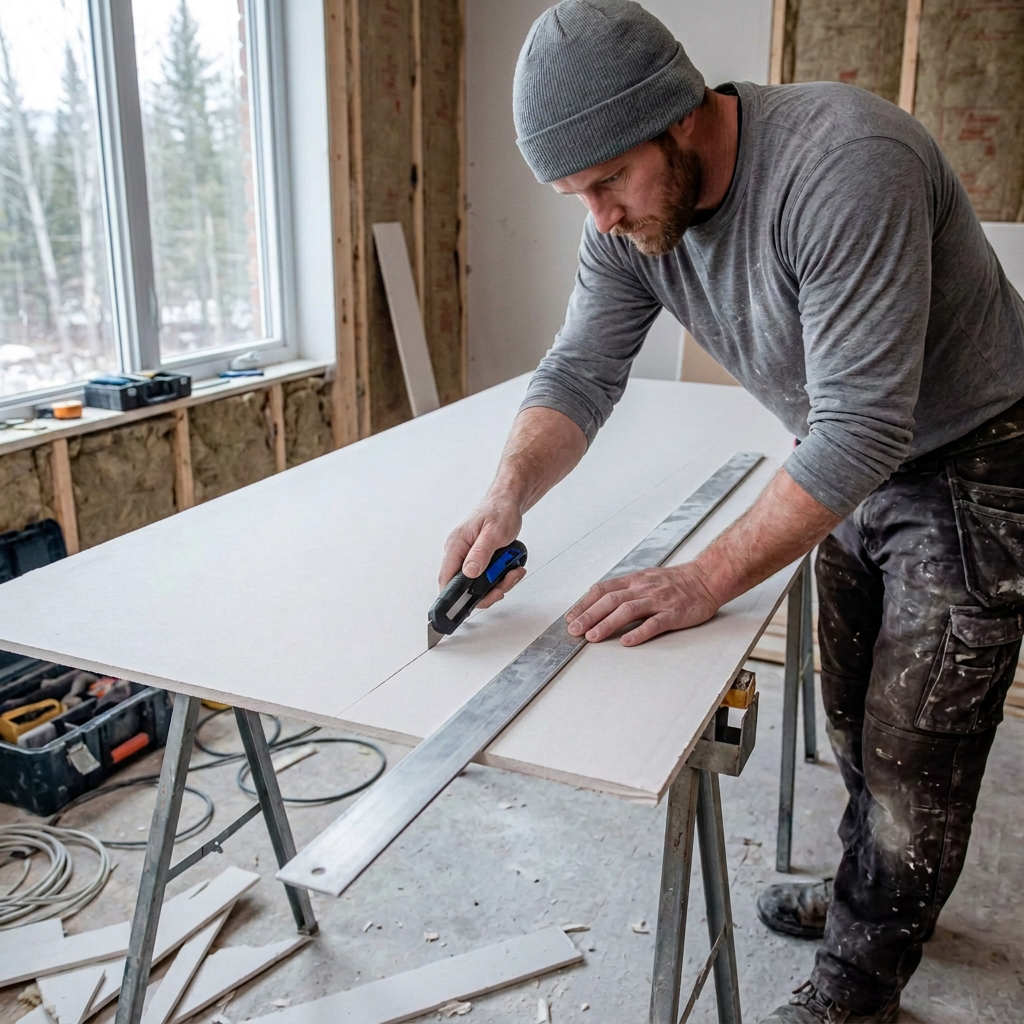 Utility knife scoring drywall along a straightedge