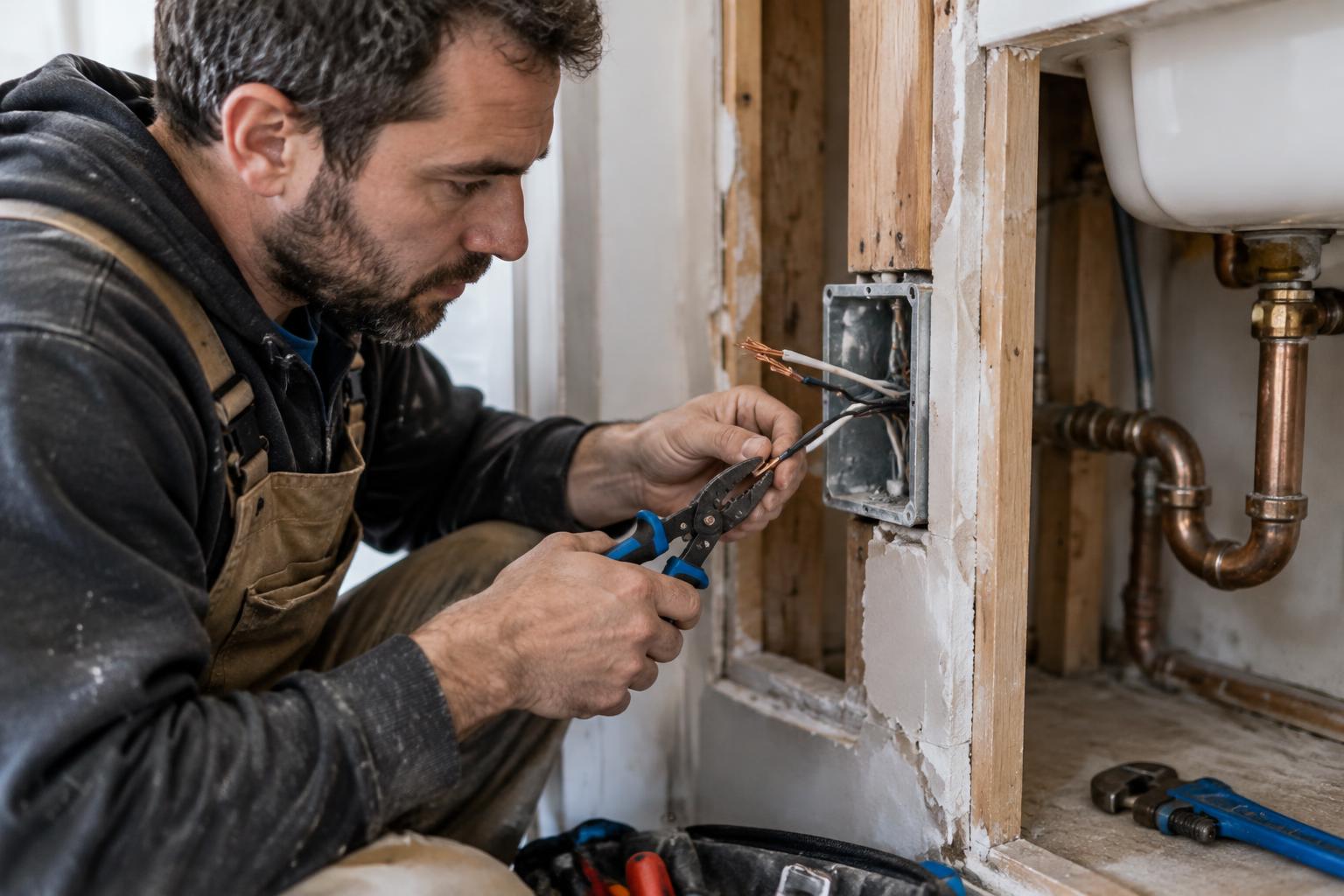 Contractor stripping electrical wire at an open junction box