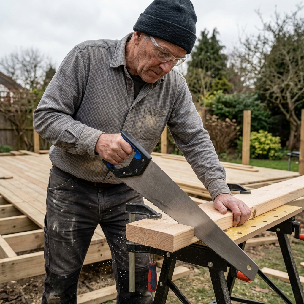 Carpenter cutting a clamped board with a handsaw