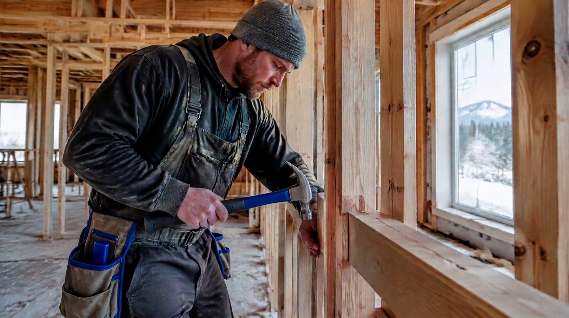 Contractor using a framing hammer during residential construction