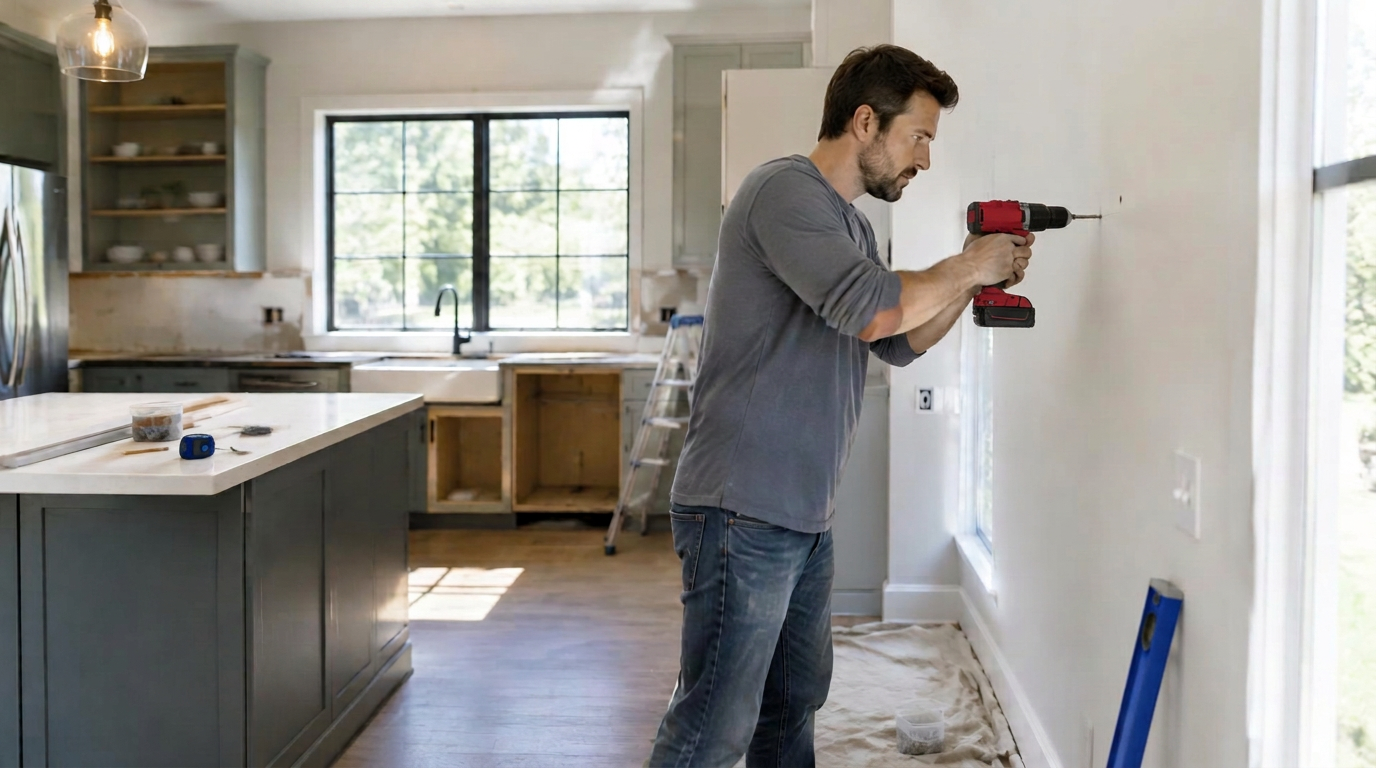 Cordless drill in use during a home renovation