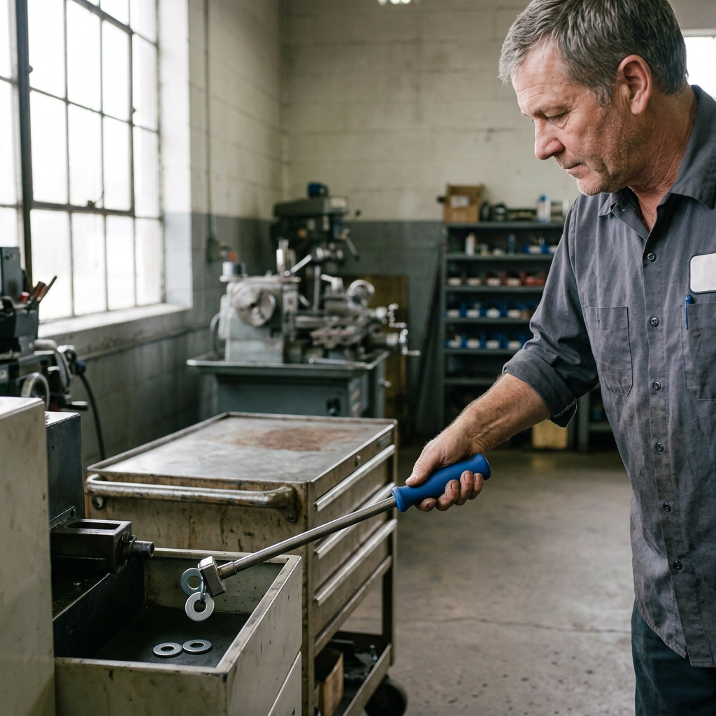 Technician using a magnetic pickup tool to collect washers