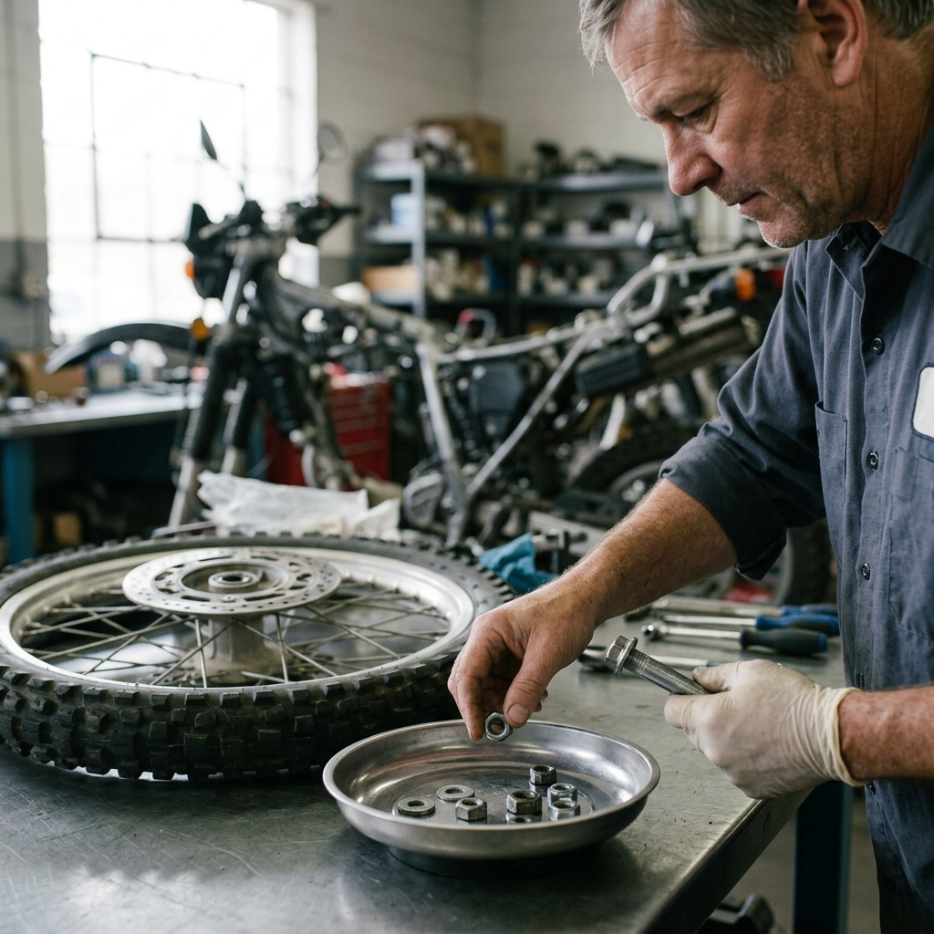 Mechanic placing nuts in a magnetic parts tray at a motorcycle workbench