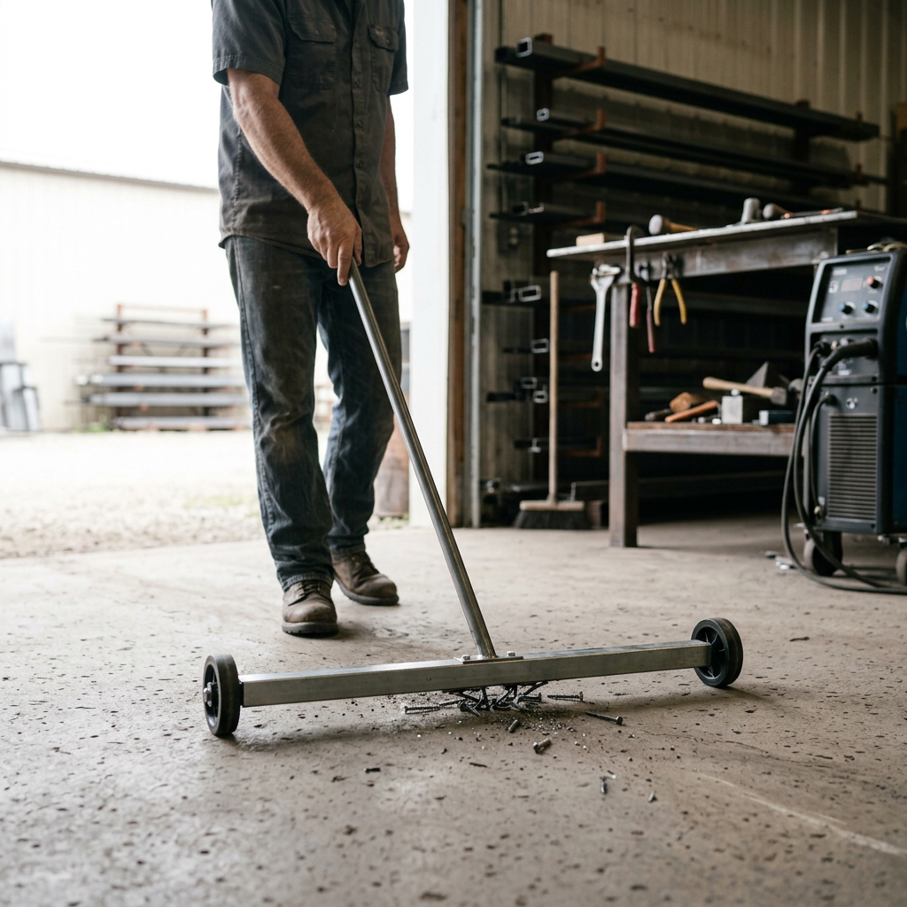 Worker collecting metal debris with a wheeled magnetic sweeper
