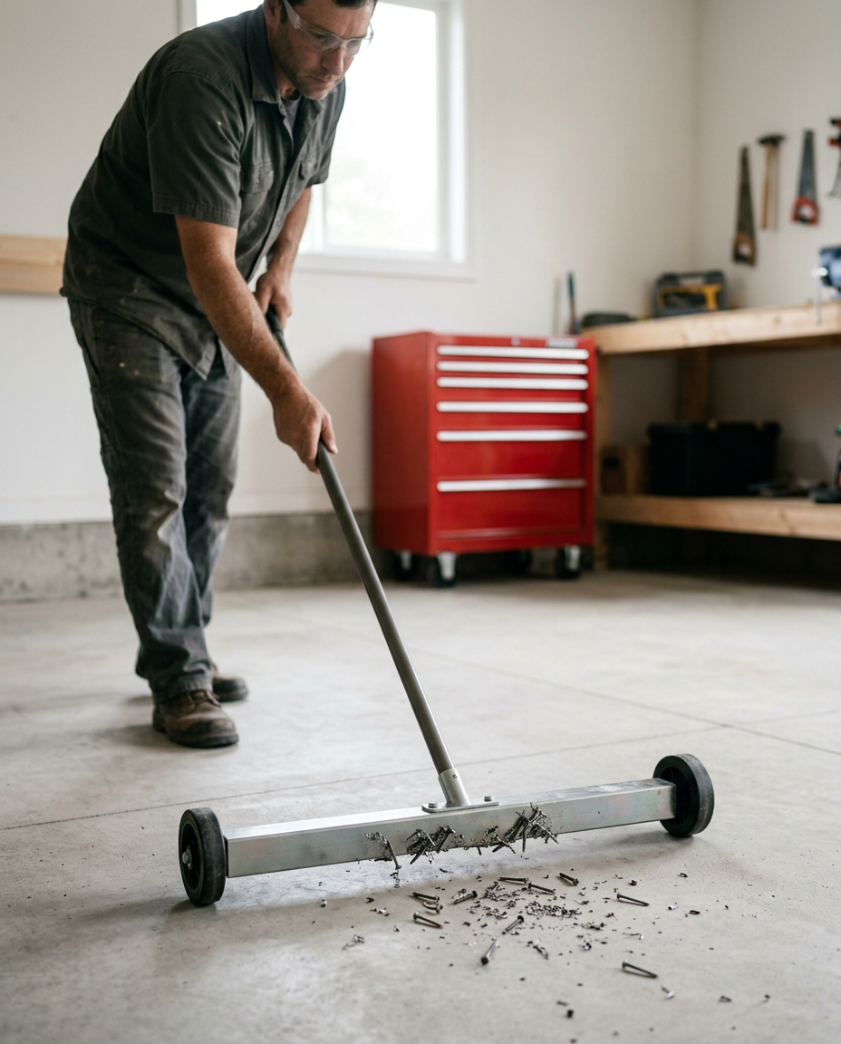 Workshop caretaker using a magnetic sweeper on a garage floor