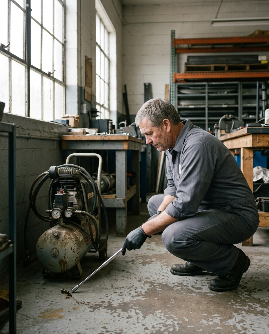 Technician retrieving a bolt beside a compressor with a magnetic pickup tool