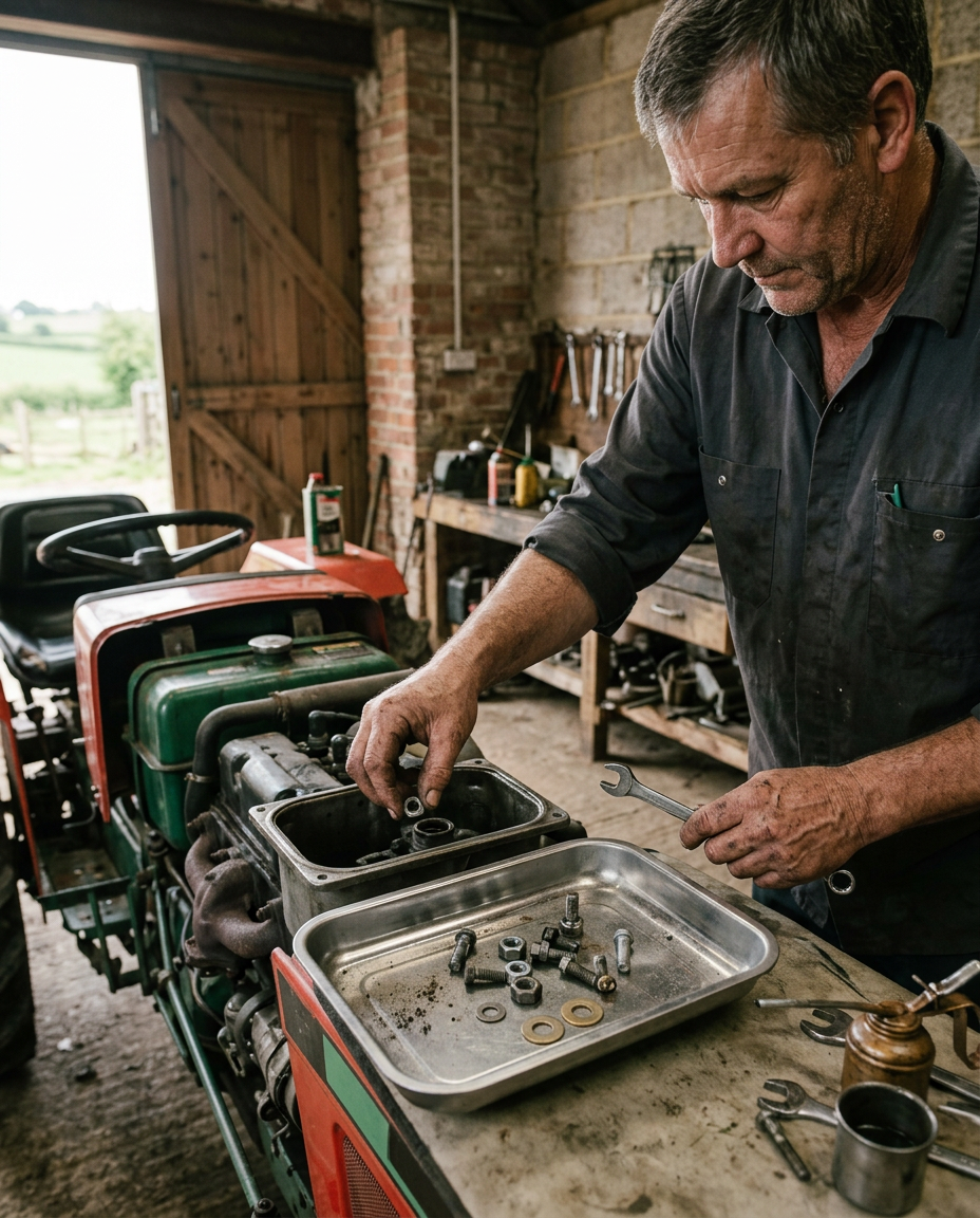 Mechanic organising fasteners in a magnetic parts tray beside a tractor