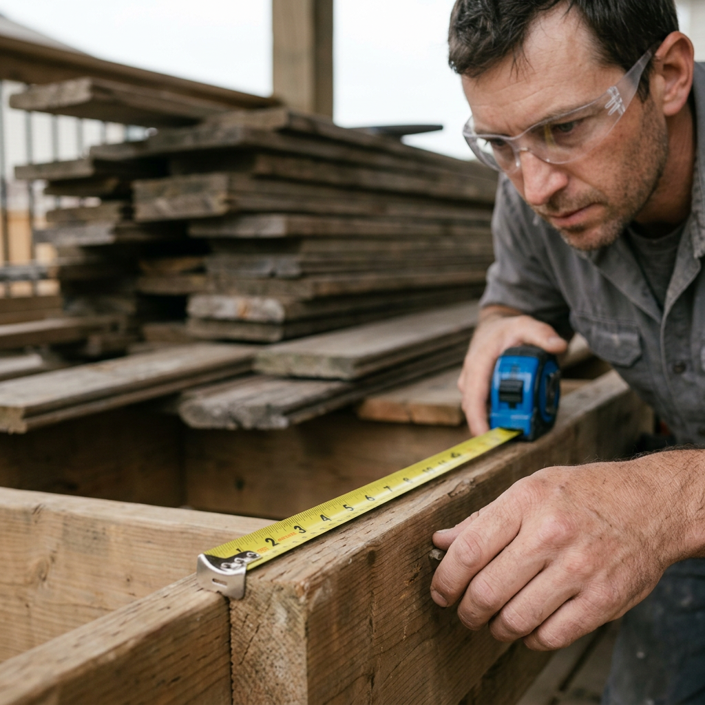 Carpenter measuring a timber joist with a tape measure