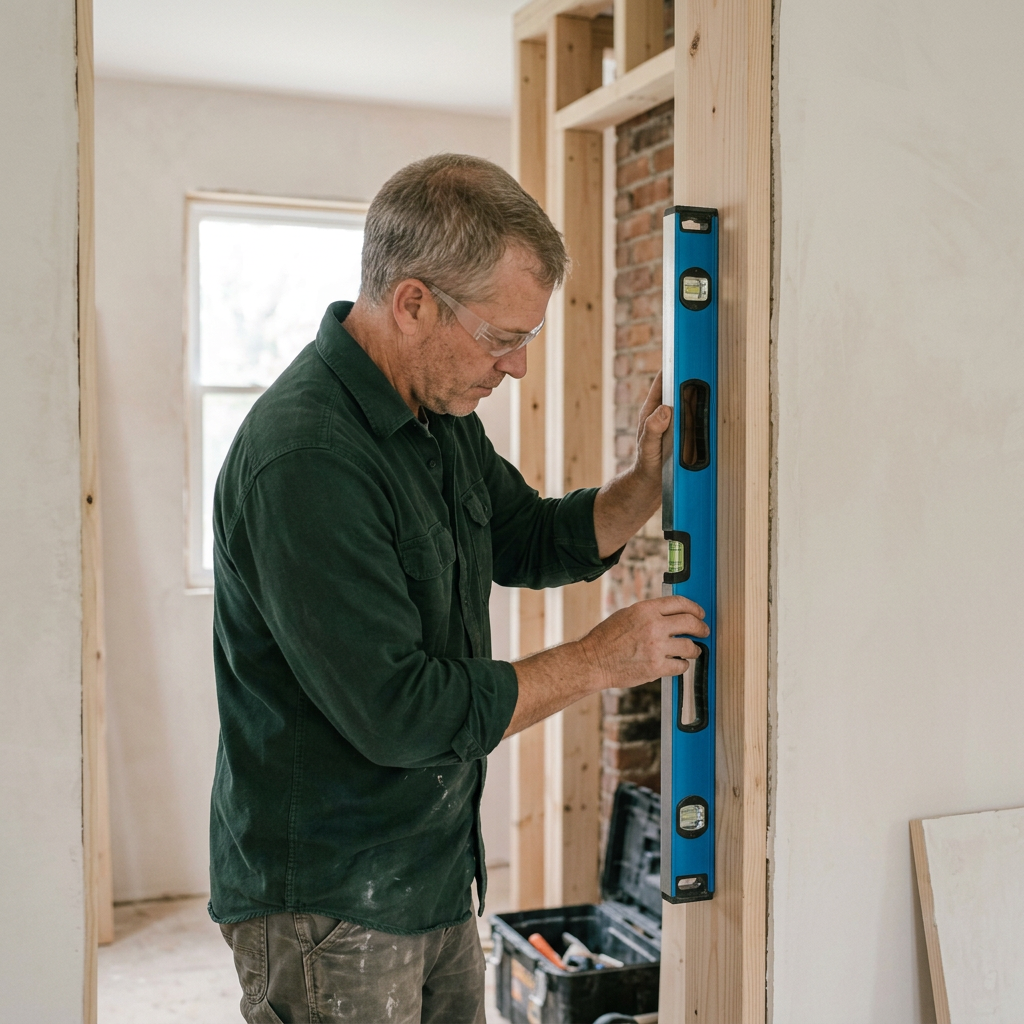 Tradesperson checking a door jamb with a spirit level