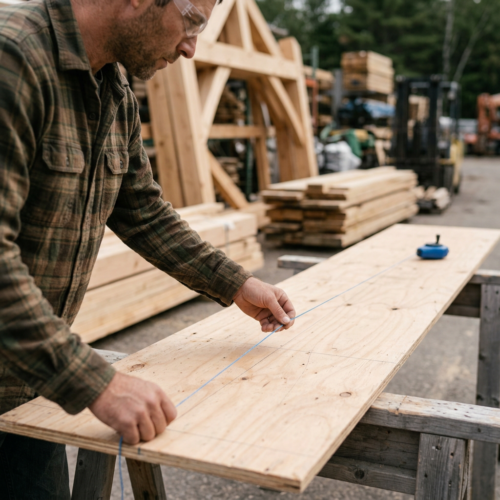 Carpenter marking a chalk line on plywood