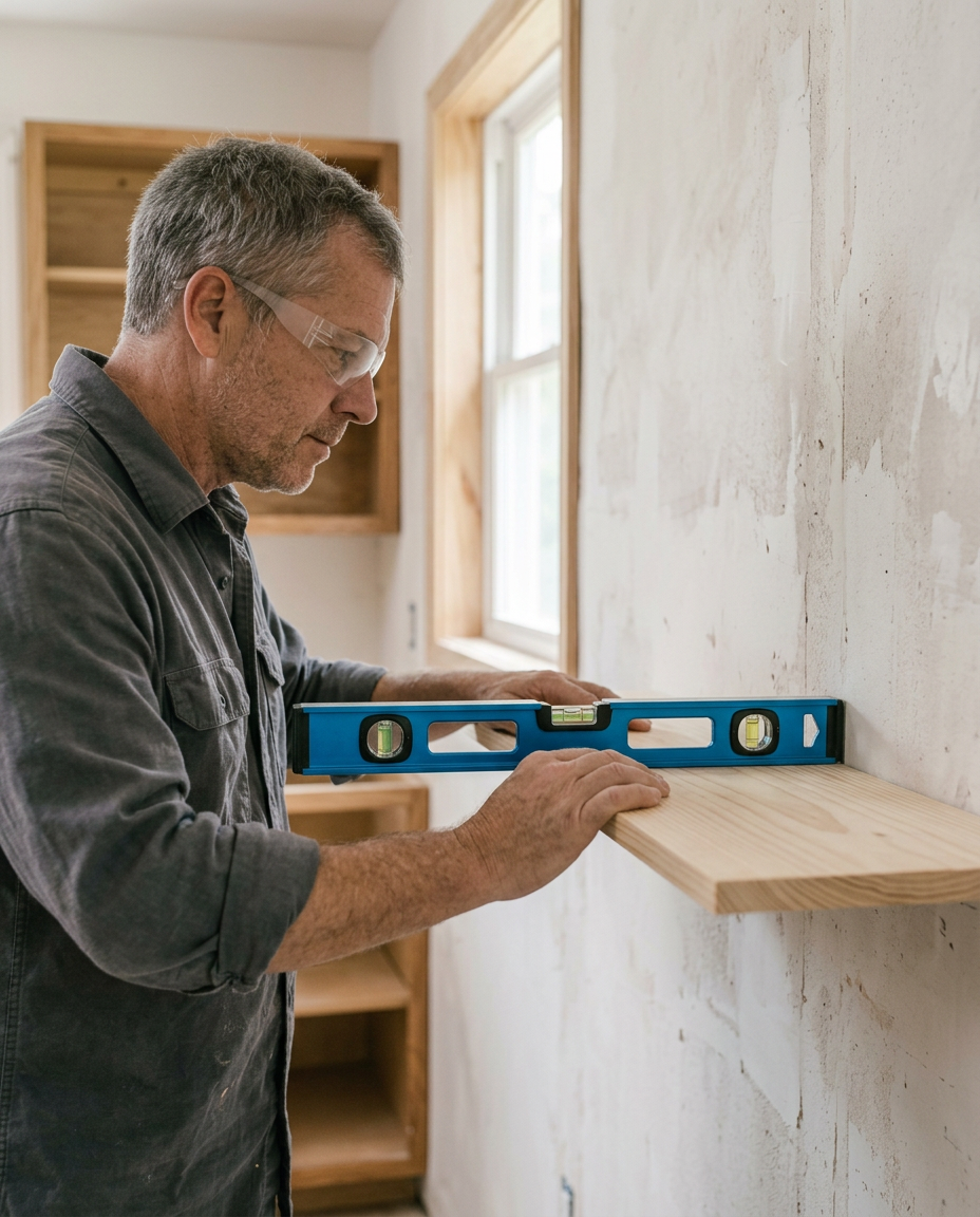 Tradesperson checking a shelf with a spirit level